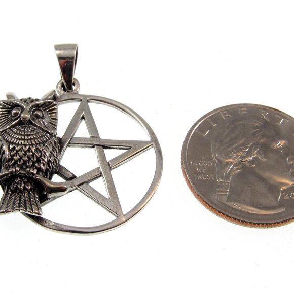 Solid 925 Sterling Silver Owl Pentacle Pagan Pentagram Pendant - Picture 2 of 5